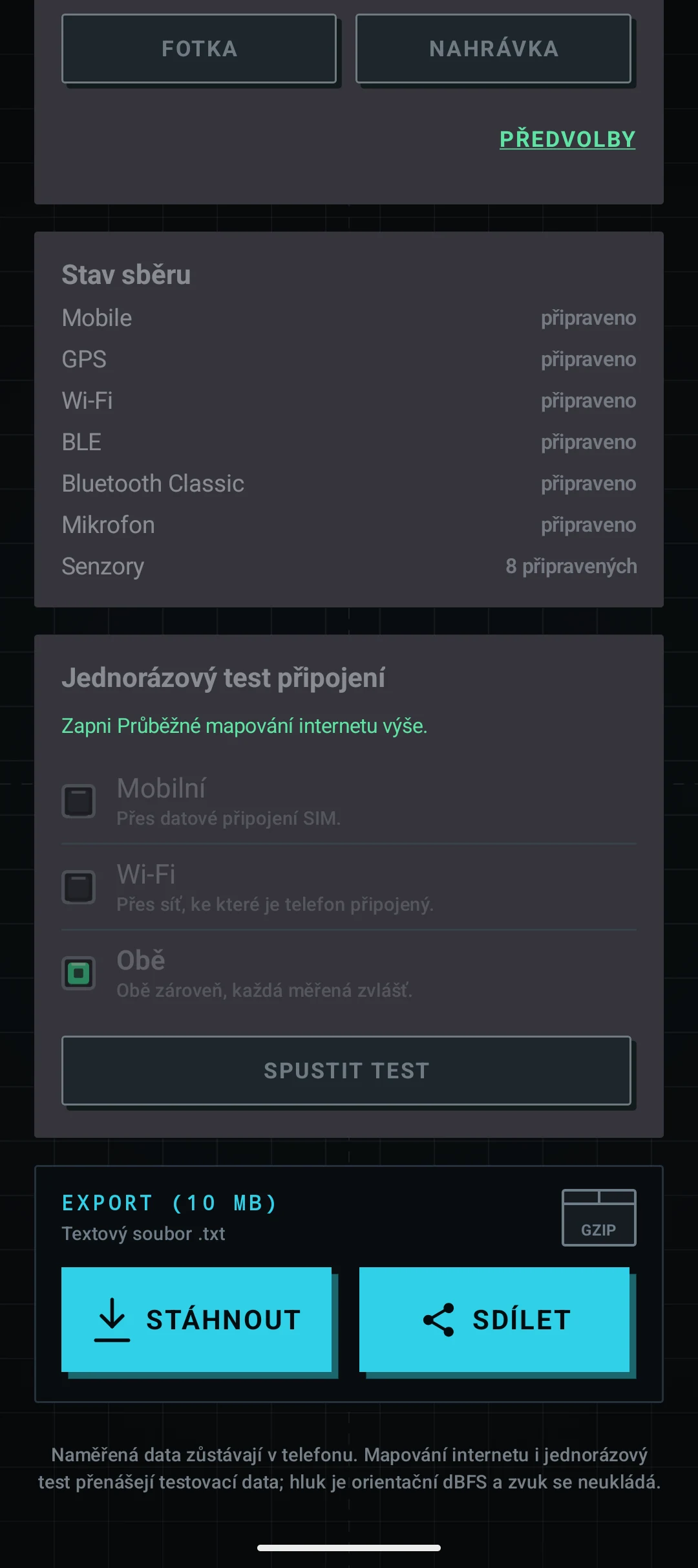 Zdraví sběru a panel exportu
