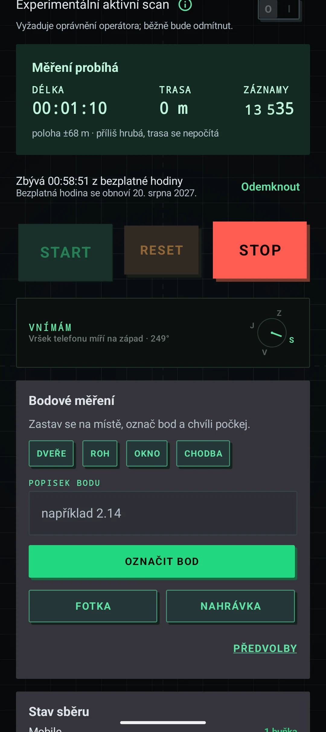 Ovládací klávesy během měření