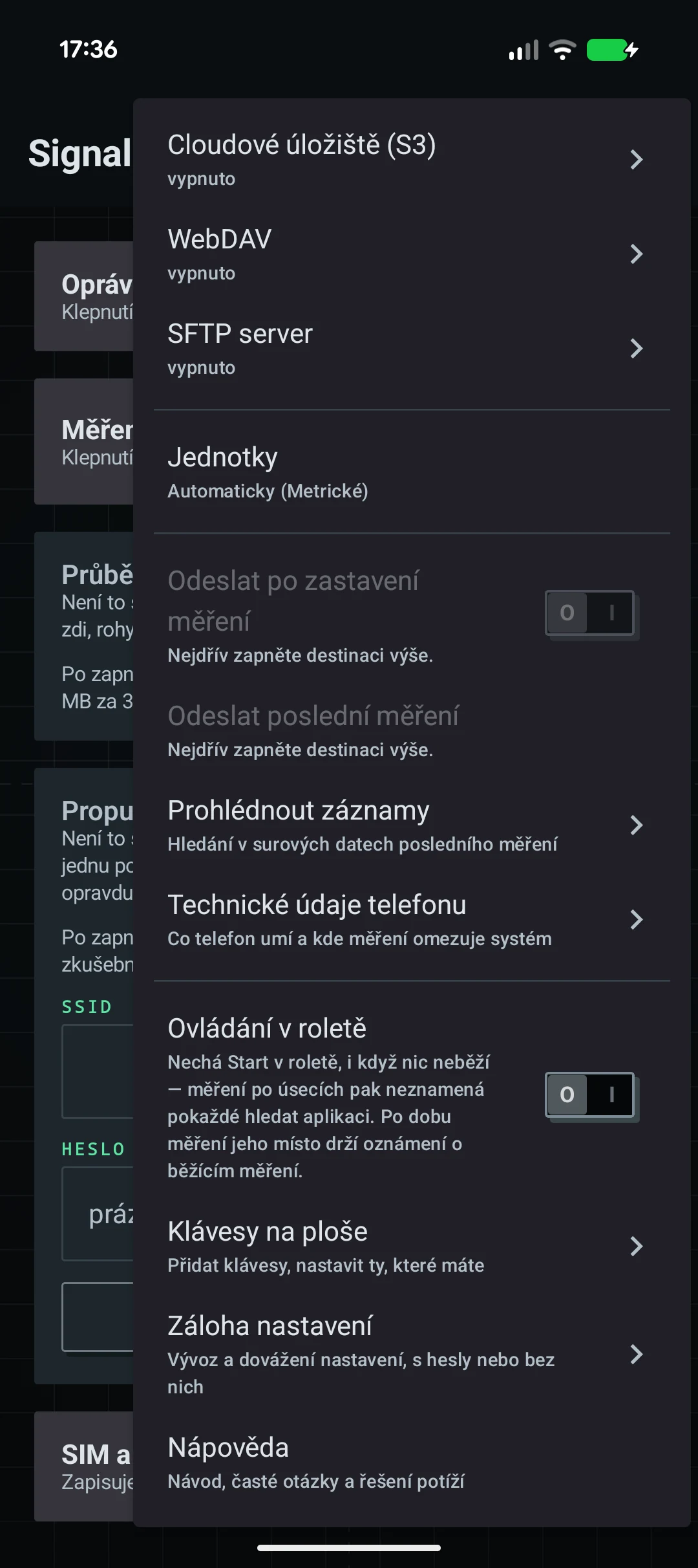 Nabídka nastavení otevřená z hlavičky