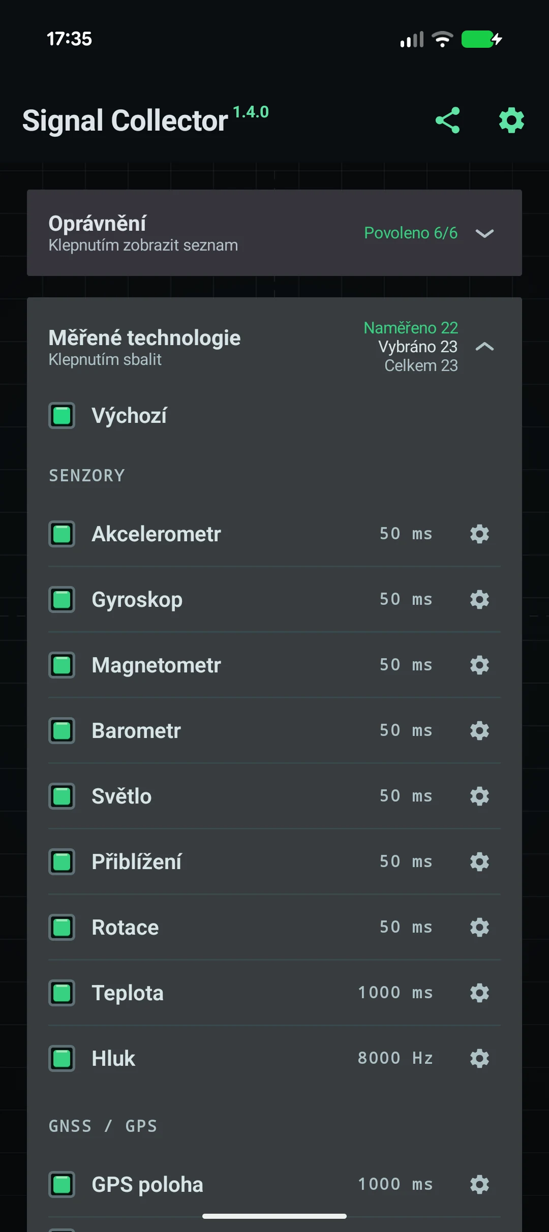 Výběr měřených technologií